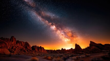 Vast celestial display over a landscape of rugged red rock formations.