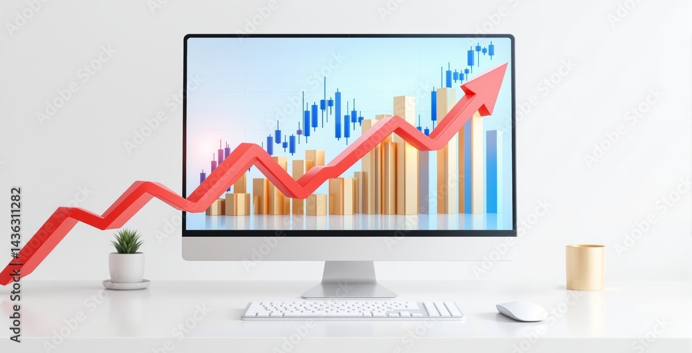 Poster computer monitor displaying financial growth with bar chart and red arrow on white background, moder