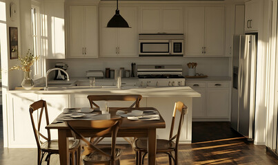Bright sunny kitchen with wooden table and white cabinets
