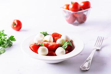Juicy caprese salad with baby mozzarella cheese, cherry tomatoes and parsley in white ceramic plate on white marble table close up. Healthy diet food concept.