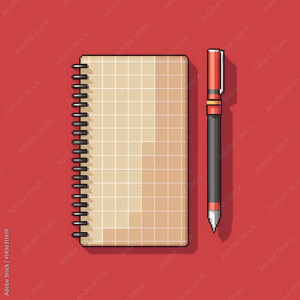 Poster pixel art illustration of a spiral bound notebook with a grid pattern and a pen on a red background.