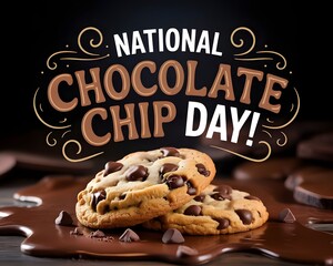 A cheerful, cartoon chocolate chip cookie with a happy expression is central to this image. Chocolate chip quote. National chocolate chip day.