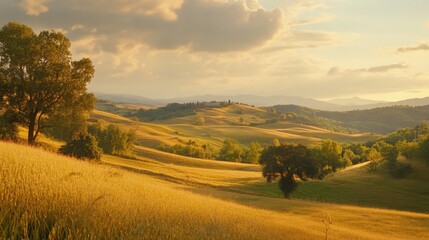 Fototapeta premium Golden sunset over rolling hills with lush greenery and scattered trees.