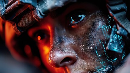 intense close-up of a soldier with futuristic digital overlays on the skin, great for military