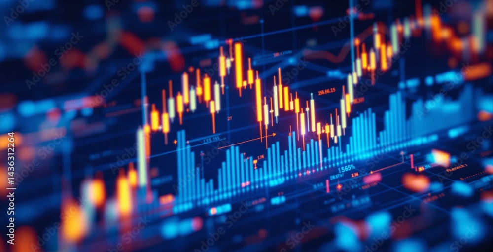 Poster abstract colorful financial chart with glowing candlesticks, bars, and numerical data on a futuristi