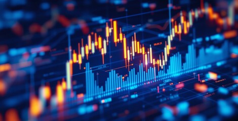 Abstract colorful financial chart with glowing candlesticks, bars, and numerical data on a futuristic digital background showing business and investment concept. Ai generative
