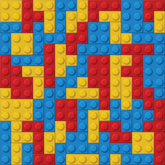 Plastic bricks pattern. yellow, blue and red colors 3d meccano blocks building equipment garish vector seamless background
