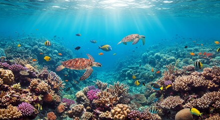 Underwater scene with colorful coral reefs, tropical fish, sea turtles, and clear blue water, vibrant and peaceful atmosphere, realistic style, bright natural light