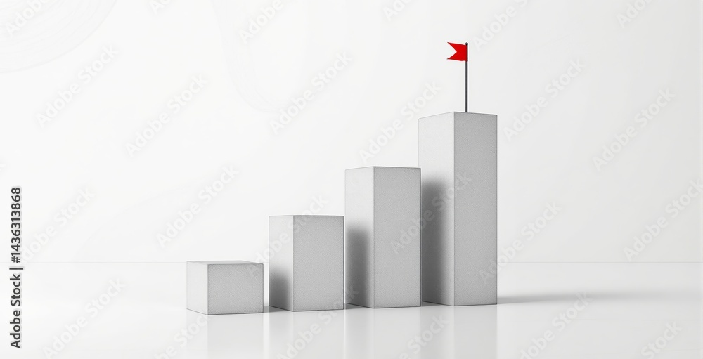 Aufkleber minimalist white bar chart growing from left to right with a red flag on top of the highest column o