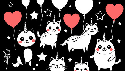 Cute Unicorn Cats with Balloons and Stars on Black Background Whimsical Illustration for Kids Room Decor Party Invitations and Creative Projects