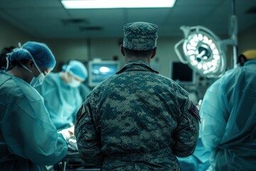 American soldier in uniform stands in operating room with doctors treating patients, all facing away from camera. Teamwork, medical care, military support.