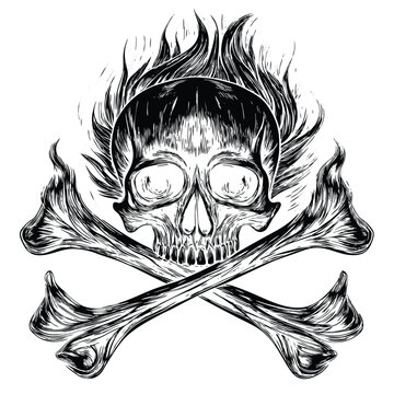 Fire, Skull with heat, black and white silhouette, vector illustration on white background