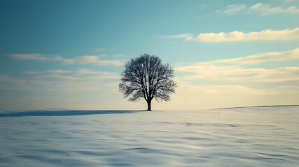 Minimalist snowy field with single tree