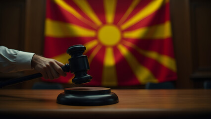 Obraz premium A striking courtroom scene with a judge’s gavel in motion, set against the North Macedonia flag. Dramatic lighting and oak details evoke tradition, symbolizing justice with a cinematic 50mm lens effec