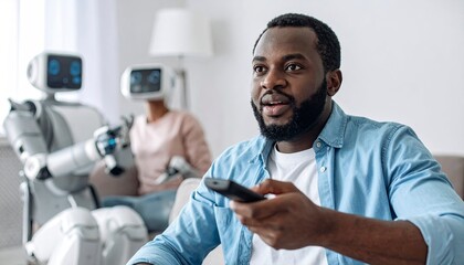 Photo of person holding remote control commanding robots, symbolizing dependence on AI
