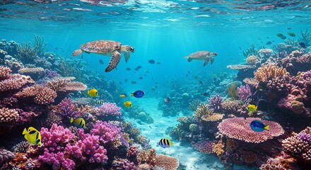 Fototapeta premium Underwater scene with colorful coral reefs, tropical fish, sea turtles, and clear blue water, vibrant and peaceful atmosphere, realistic style, bright natural light