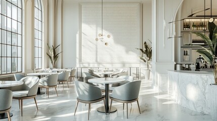 Modern cafe interior, sunlight, elegant design, for restaurant marketing
