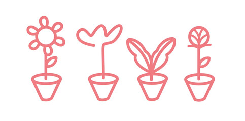 vector line art of various houseplants. Pink color