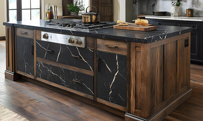 Modern kitchen with a stylish island featuring a gas stove, wooden cabinets, and a cozy atmosphere