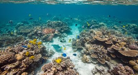 Fototapeta premium Underwater scene with colorful coral reefs, tropical fish, sea turtles, and clear blue water, vibrant and peaceful atmosphere, realistic style, bright natural light