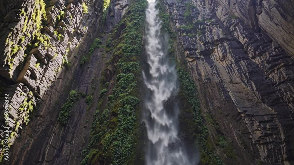 Poster a dramatic upward angle captures a towering waterfall cascading down rugged cliffs, creating a dynam