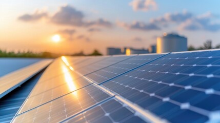 Solar panels on a rooftop at sunset