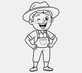 Playful line drawing of a laughing farmer outlined in bold black vector lines