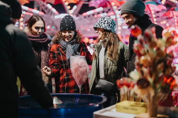 Friends visiting a colorful winter carnival, enjoying snacks and the festive atmosphere. People cherishing time together, appreciating the joyful and vibrant holiday spirit under sparkling lights.