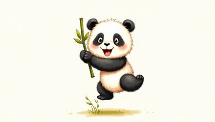 Naklejka premium Playful panda hugging bamboo with heart-shaped leaves 