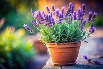 Fototapeta premium Lavender Plant Pot, Purple Lavender Flowers, Blooming Lavender, Herb Garden, Homegrown Lavender, Aromatic Lavender, Potted Lavender, Indoor Lavender, Balcony Planting, Beautiful Lavender.