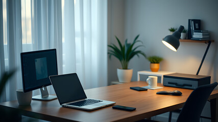 Fototapeta premium Modern Minimalist Home Office Workspace with Natural Light