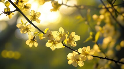 Golden sunlight illuminating delicate cherry blossoms on a serene spring morning.