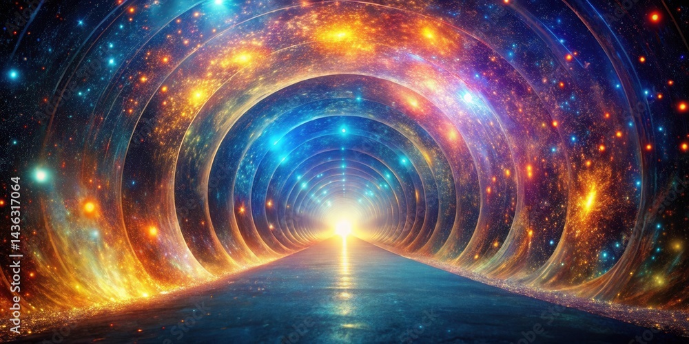 Poster a cosmic pathway unfolds, a mesmerizing tunnel of vibrant nebulae and celestial wonders leading to a