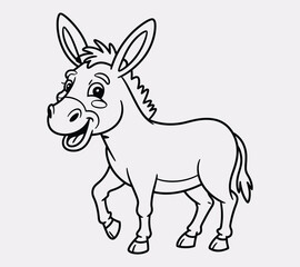 Fototapeta premium Playful line drawing of a laughing donkey outlined in bold black vector lines. The clean, background-free design invites children to color and bring the cheerful farm animal character to life