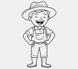 Playful line drawing of a laughing farmer outlined in bold black vector lines