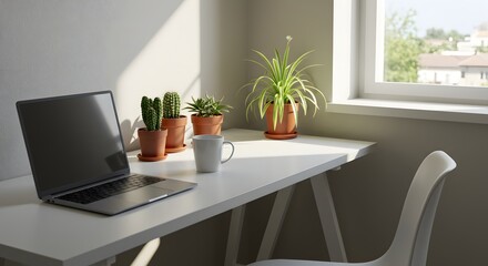 Fototapeta premium A minimalist workspace is set with a laptop, plants, and a coffee mug near a bright window.