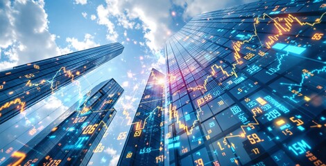 Digital stock market data overlays on modern skyscrapers, futuristic graphic style, clear blue sky background, concept of finance, economy, and business growth, Ai generative