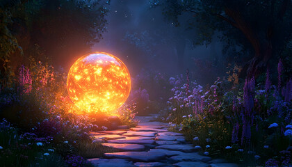 Glowing orb in magical forest path