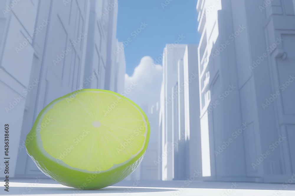 Poster Close up view of a lime slice in the foreground, resting on a pale surface. The background features a minimalist city scene rendered in shades of white and light gray, with a hint of blue sky and