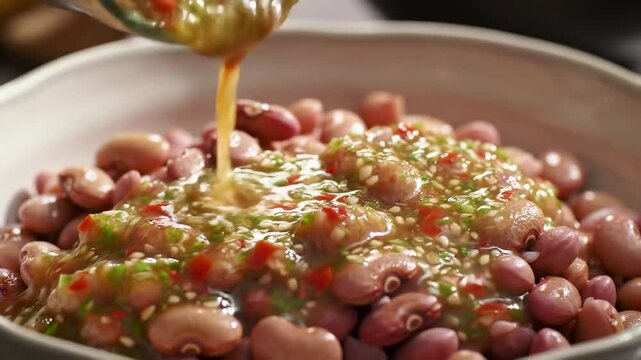 Close-up of Freshly Prepared Pink Beans with Spices Ready for Cooking, Highlighting the Rich Texture and Color of the Legume, Ideal for Healthy Meals or Side Dishes