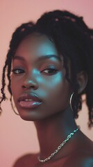 Radiant woman with styled dreadlocks