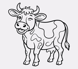 Playful line drawing of a laughing cow outlined in bold black vector lines. The clean, background-free design invites children to color and bring the cheerful farm animal character to life