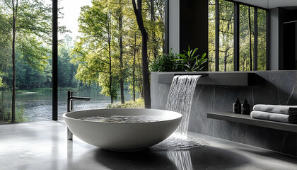 Fototapeta premium Modern minimalist bathroom with waterfall feature and lake view