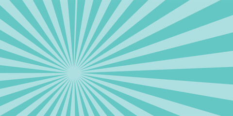 Blue sun ray background. Radial beam sunrise or sunset light retro design illustration. Aqua blue sunburst glowing background.