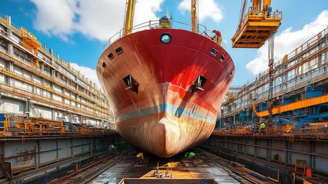 Red ship under repair at shipyard