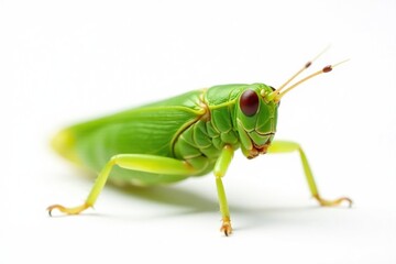 Fototapeta premium Green leafhopper isolated, stark white backdrop, bright, contrast