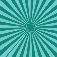 Blue sun ray background. Radial beam sunrise or sunset light retro design illustration. Aqua blue sunburst glowing background.