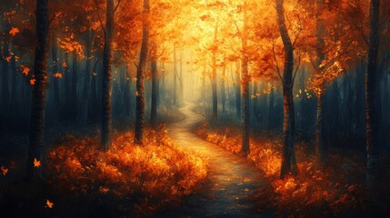 Autumn Forest Path with Golden Sunlight