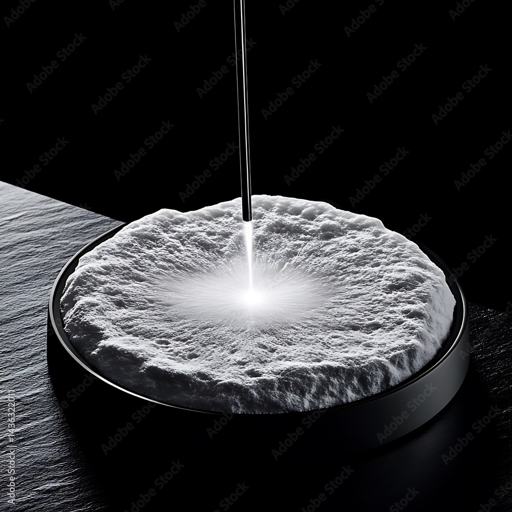 Poster close up view of a laser beam precisely etching a white powdery substance in a circular black tray. 