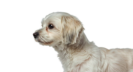 Alert Havanese dog standing in profile, showcasing its long, flowing fur and an attentive stance. Full body portrait isolated on a white background.
